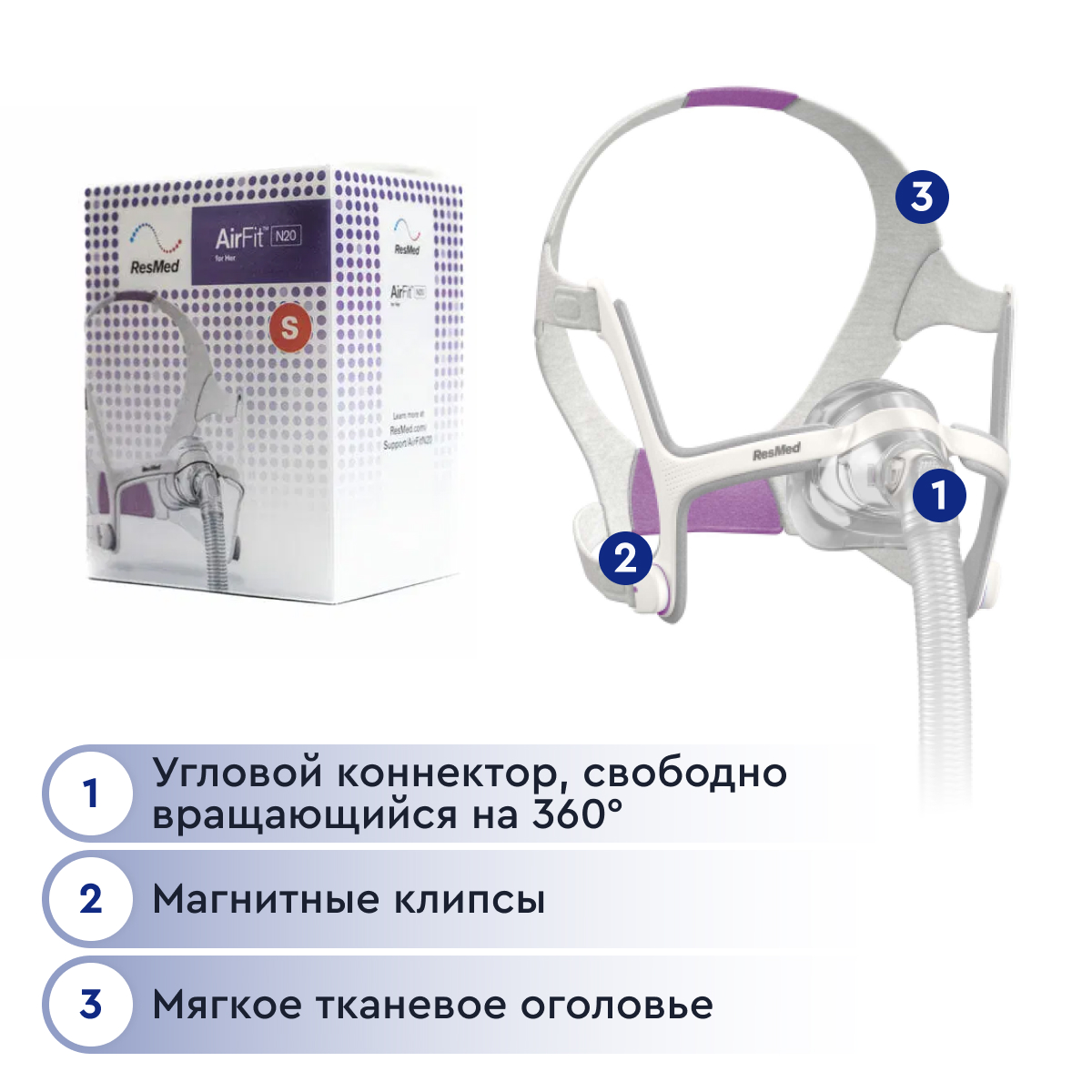 Маска ResMed дыхательная назальная (AIRFIT N20, S/for her)  от интернет-магазина trimm.store